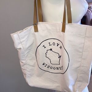 Ecco canvas and leather tote I love Wisconsin pom-pom new